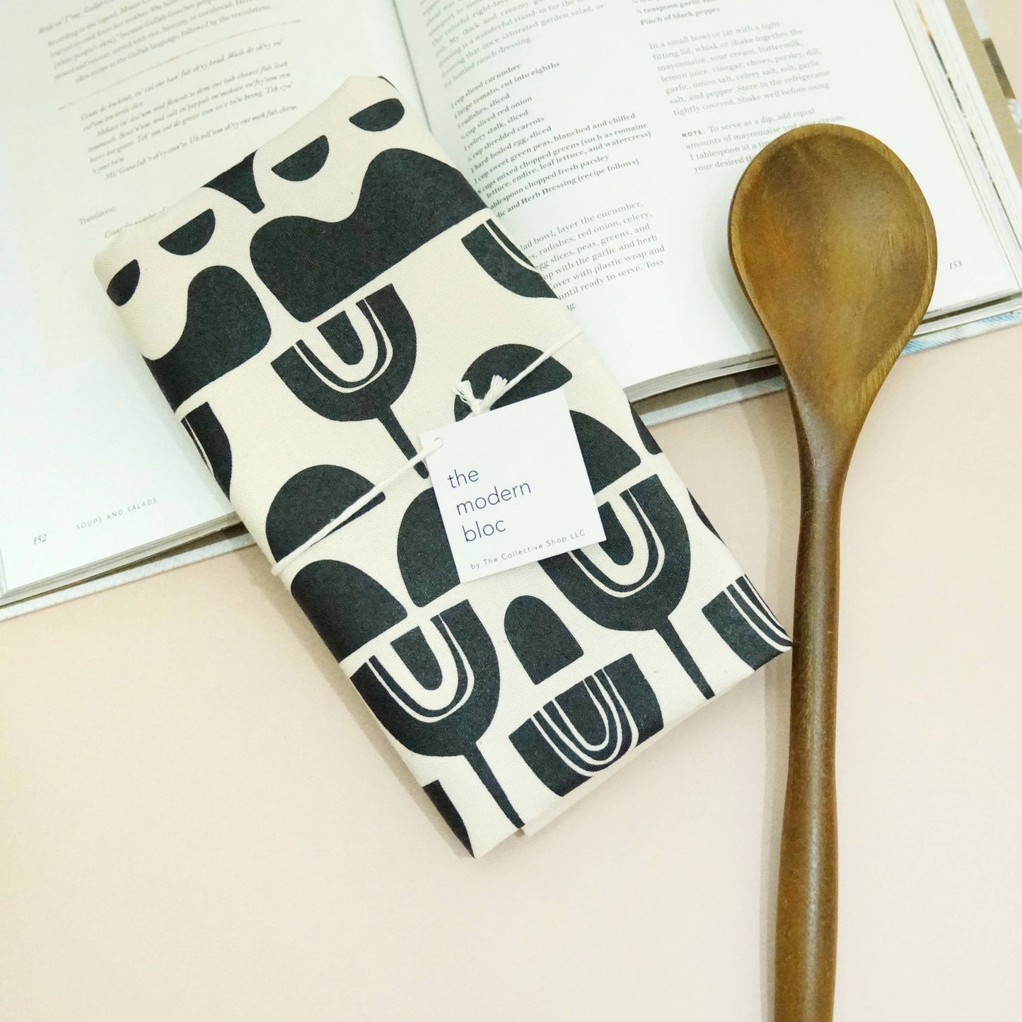Repeating Abstract Floral - Black Printed Natural Tea Towel