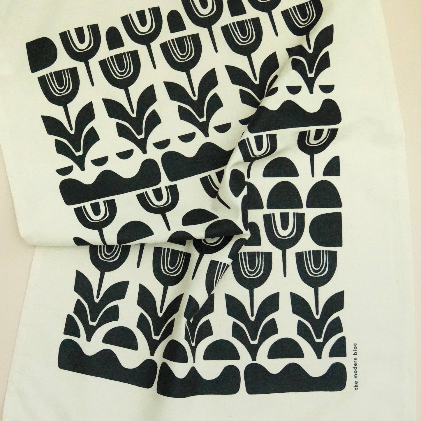 Repeating Abstract Floral - Black Printed Natural Tea Towel