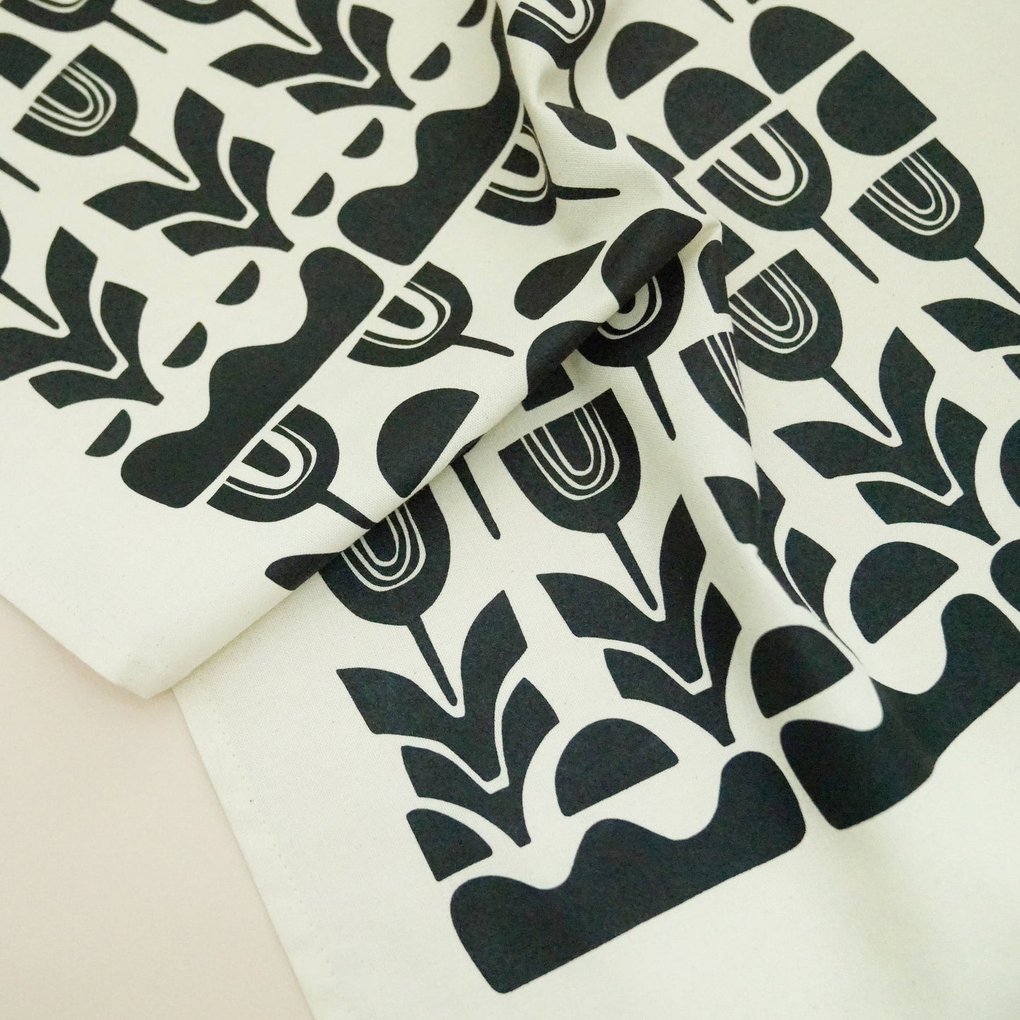 Repeating Abstract Floral - Black Printed Natural Tea Towel