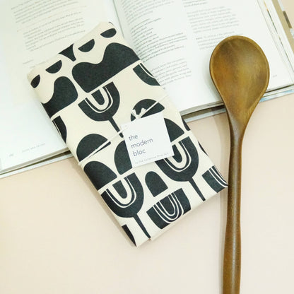 Repeating Abstract Floral - Black Printed Natural Tea Towel