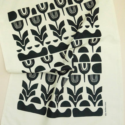 Repeating Abstract Floral - Black Printed Natural Tea Towel