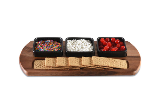 Charcuterie/ Serving Tray w/ 3 Black Square Ceramic Dishes