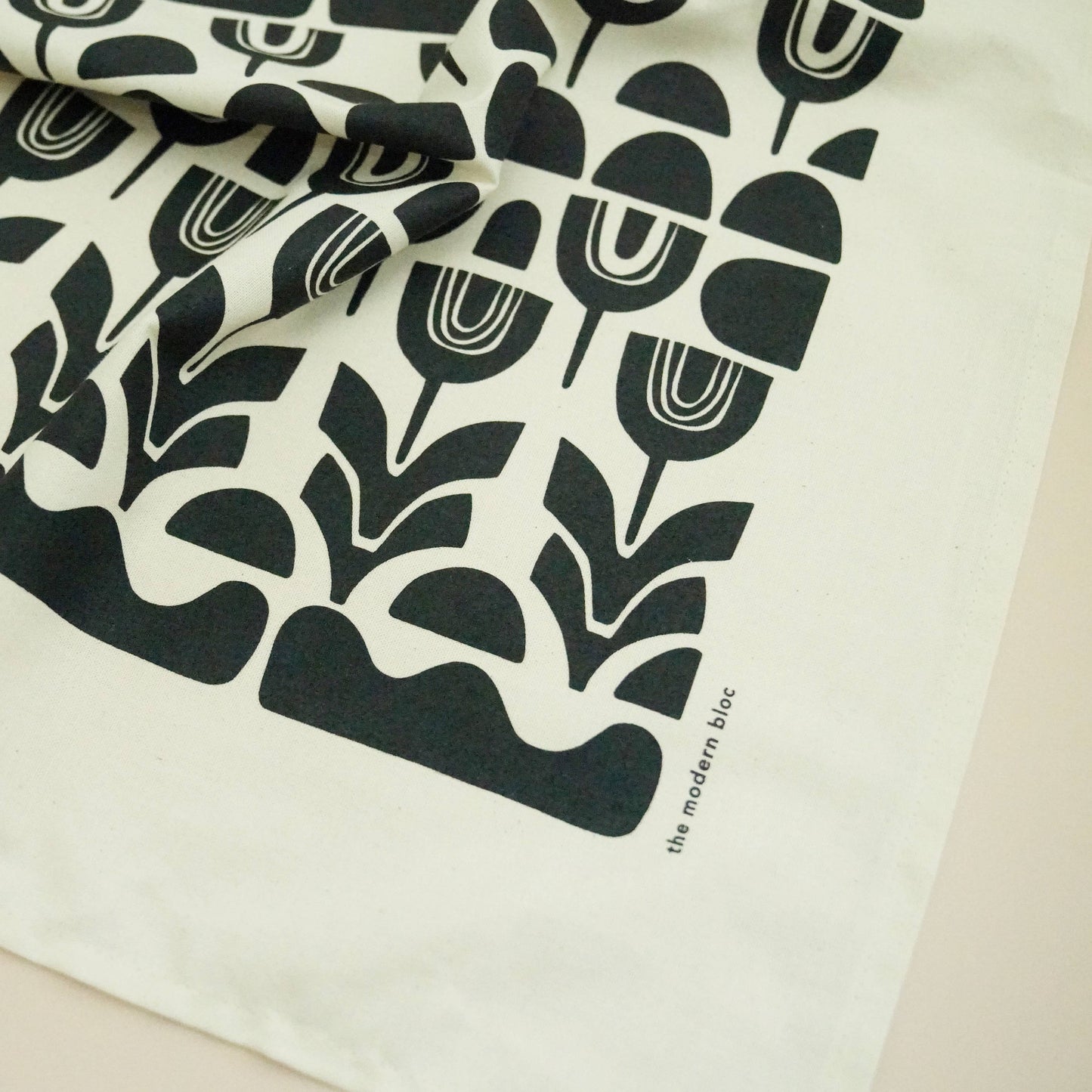 Repeating Abstract Floral - Black Printed Natural Tea Towel